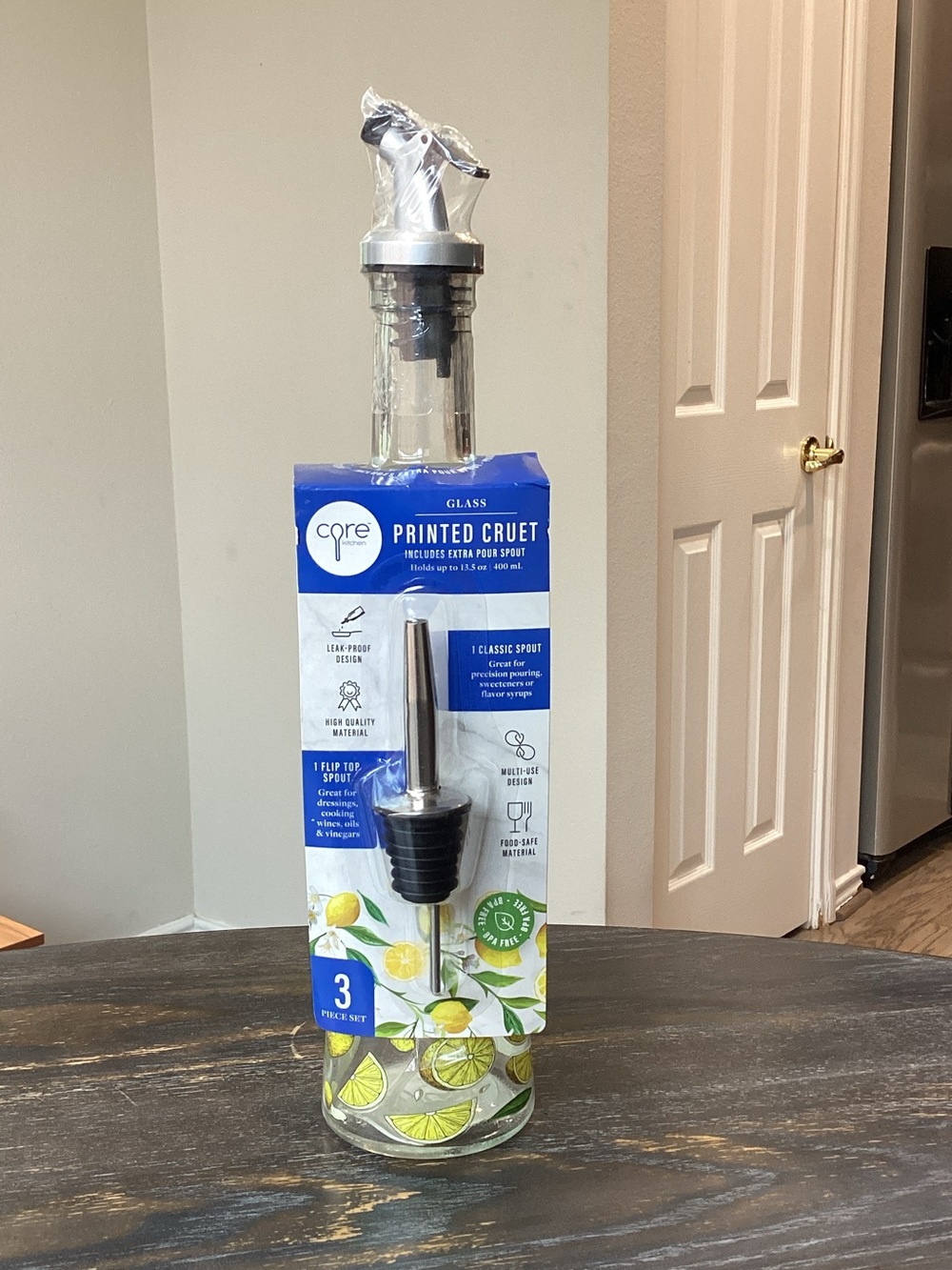 Core Home Printed Lemon Glass Cruet Bottle with 2 Pour Spouts